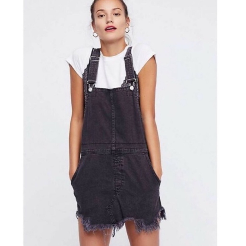 Free People Frayed Hem Distressed Black Denim Overall Mini
